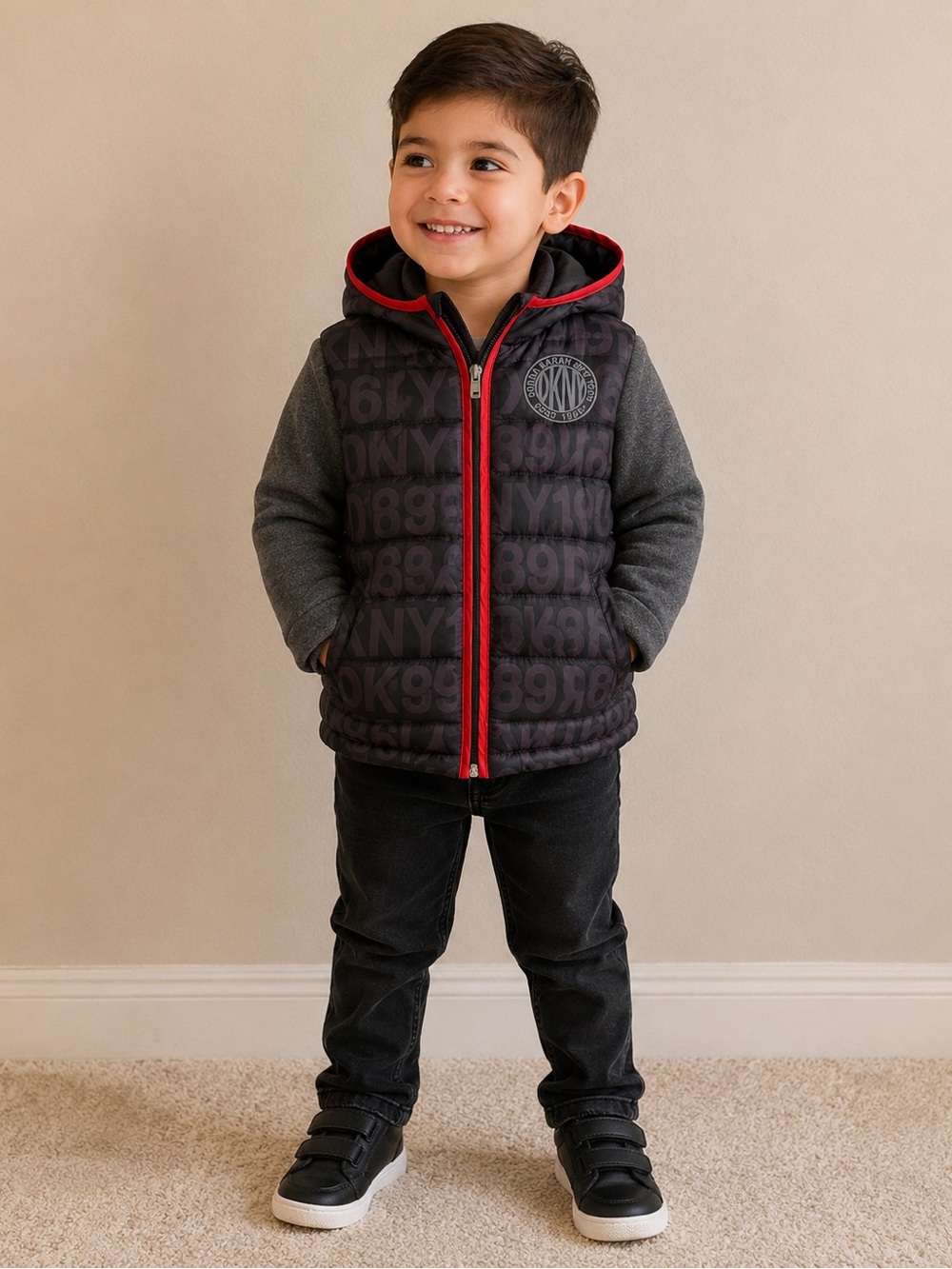 Donna Karan Kids Puffer Jacket in Black with Red Trim